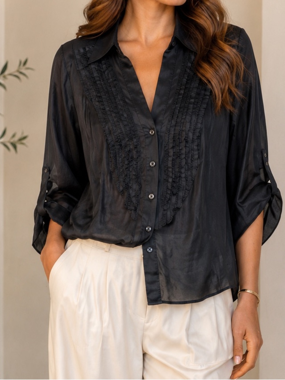 White House Black Market Black Button Down  sheer Shirt with ruffle detail